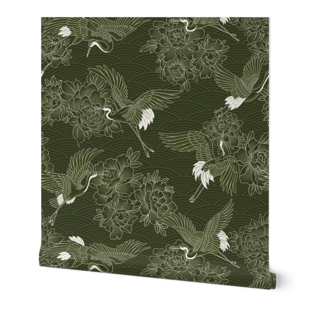 Large // Updated Japanese cranes, peonies and clouds on dark olive