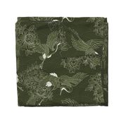 Large // Updated Japanese cranes, peonies and clouds on dark olive