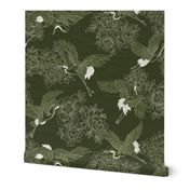 Large // Updated Japanese cranes, peonies and clouds on dark olive