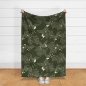 Large // Updated Japanese cranes, peonies and clouds on dark olive