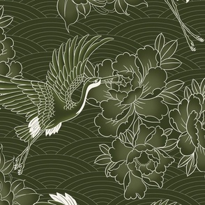 Large // Updated Japanese cranes, peonies and clouds on dark olive