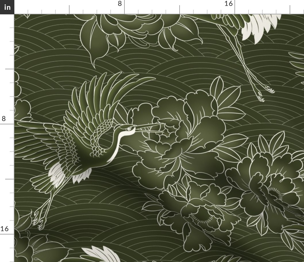 Large // Updated Japanese cranes, peonies and clouds on dark olive