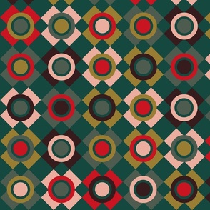Abstract geometric pattern with circles and squares in rhythmic colors on a green background