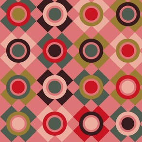 Abstract geometric pattern with circles and squares in rhythmic colors on a pink background