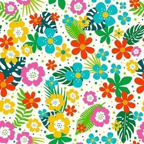 Medium Scale Joyful Jungle Colorful Tropical Flowers and Leaves on Ivory