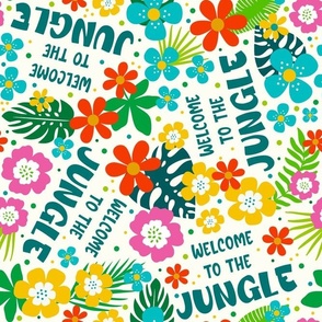 Large Scale Welcome to the Jungle Colorful Tropical Flowers and Leaves on Ivory