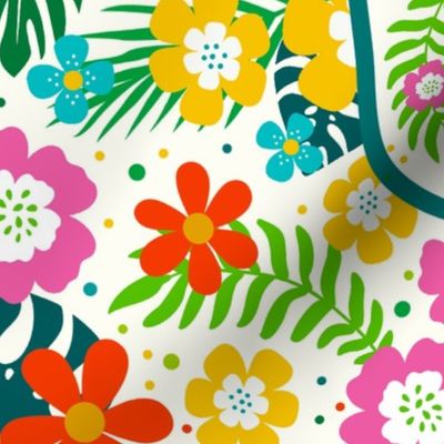 Large 27x18 Fat Quarter Panel Welcome to the Jungle Colorful Tropical Flowers and Leaves on Ivory for Wall Art Hanging or Tea Towel