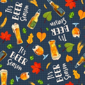 Large Scale It's Beer Season Wheat Hops Ale Fall Autumn Leaves on Navy