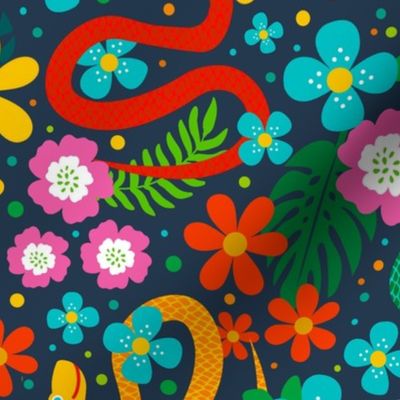 Large Scale Joyful Jungle Snakes Tropical Leaves and Colorful Flowers on Navy