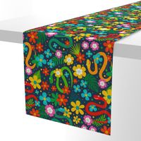 Large Scale Joyful Jungle Snakes Tropical Leaves and Colorful Flowers on Navy