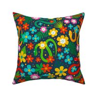 Large Scale Joyful Jungle Snakes Tropical Leaves and Colorful Flowers on Navy