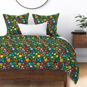 Large Scale Joyful Jungle Snakes Tropical Leaves and Colorful Flowers on Navy