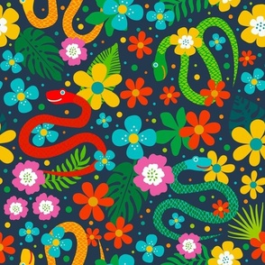 Large Scale Joyful Jungle Snakes Tropical Leaves and Colorful Flowers on Navy