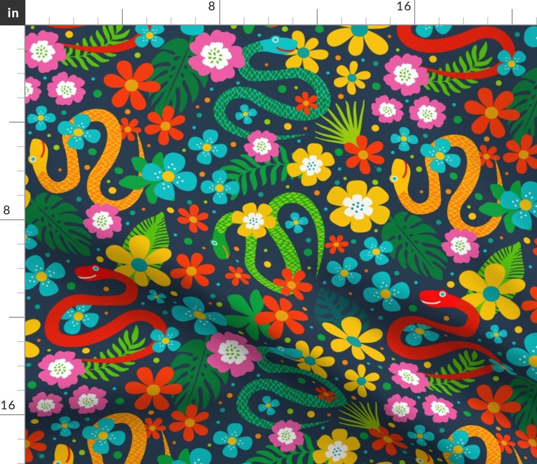 Large Scale Joyful Jungle Snakes Tropical Leaves and Colorful Flowers on Navy