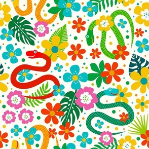 Large Scale Joyful Jungle Snakes Tropical Leaves and Colorful Flowers on Ivory