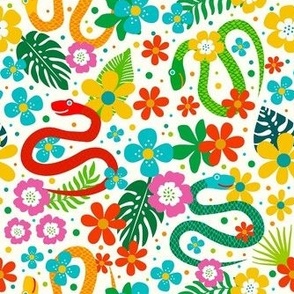 Medium Scale Joyful Jungle Snakes Tropical Leaves and Colorful Flowers on Ivory