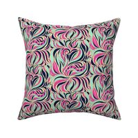 Modern arts and crafts psychedelic twist with florals and foliage in hot pink, midnight blue nad sand Medium scale