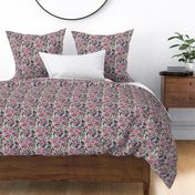 Modern arts and crafts psychedelic twist with florals and foliage in hot pink, midnight blue nad sand Medium scale