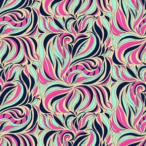 Modern arts and crafts psychedelic twist with florals and foliage in hot pink, midnight blue nad sand Medium scale