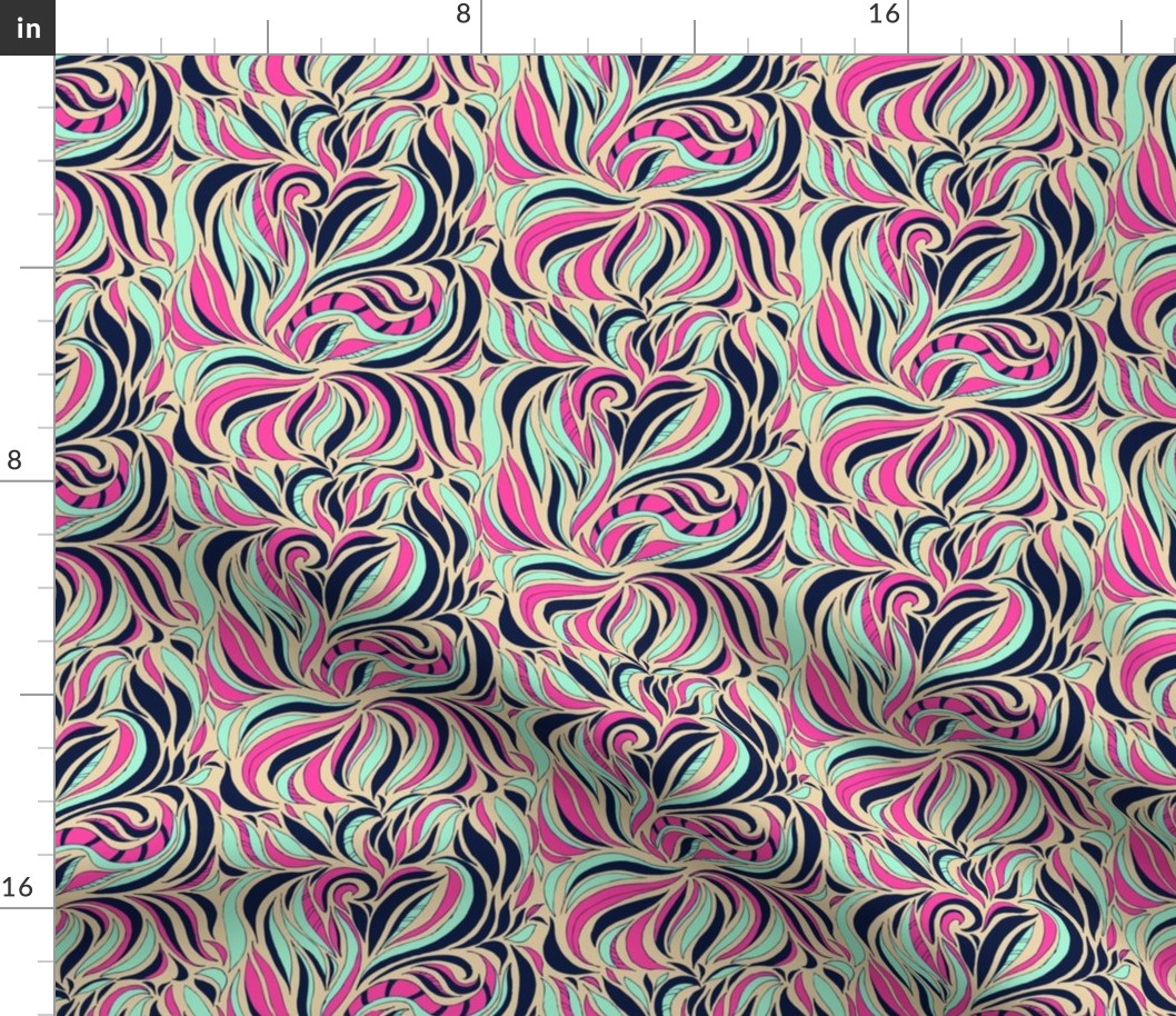 Modern arts and crafts psychedelic twist with florals and foliage in hot pink, midnight blue nad sand Medium scale