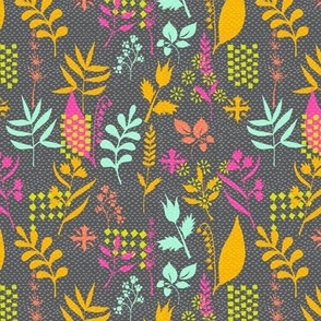 Neon garden with with wild flowers on dark gray Small scale