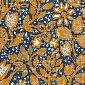 Cozy Desert sun flowers with linen texture on Navy Matching with petal solids Large scale 