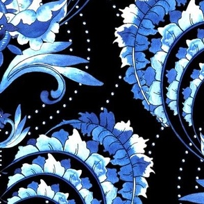 Winter flowering, Blue stylized flowers on a black background