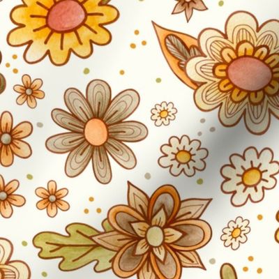 Large Scale Retro Flowers Daisy Floral on Natural Ivory