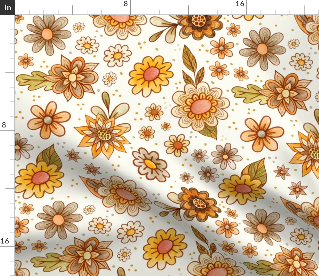 Large Scale Retro Flowers Daisy Floral on Natural Ivory