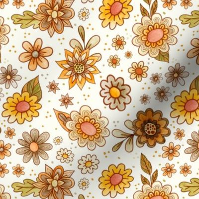 Medium Scale Retro Flowers Daisy Floral on Natural Ivory