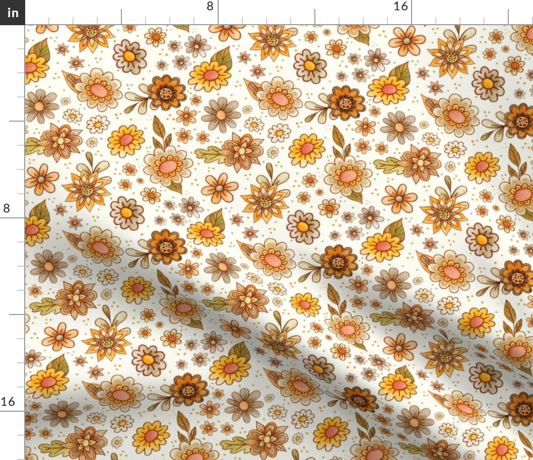 Medium Scale Retro Flowers Daisy Floral on Natural Ivory