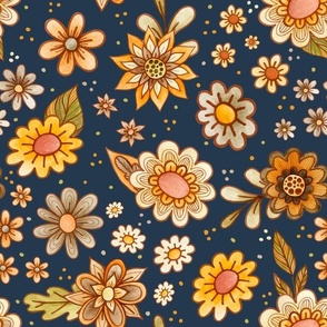 Large Scale Retro Flowers Daisy Floral on Navy
