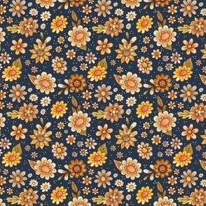Small Scale Retro Flowers Daisy Floral on Navy