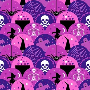 Large Scale Halloween Spiders Webs Skeletons Witches and Ghosts in Magenta Purple Pink