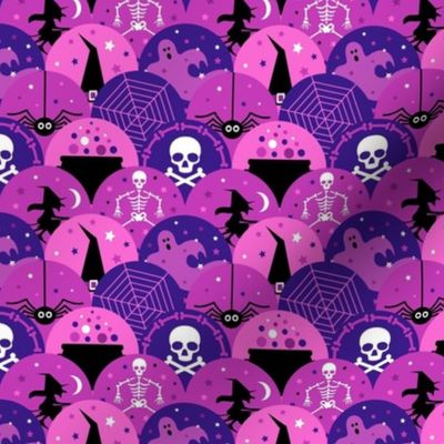 Medium Scale Halloween Spiders Webs Skeletons Witches and Ghosts in Magenta Purple Pink