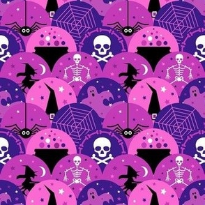 Medium Scale Halloween Spiders Webs Skeletons Witches and Ghosts in Magenta Purple Pink