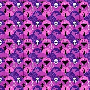 Small Scale Halloween Spiders Webs Skeletons Witches and Ghosts in Magenta Purple Pink