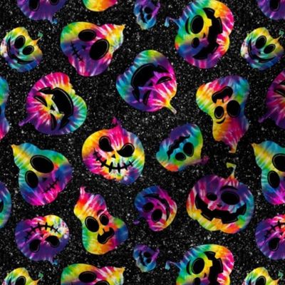 Medium Scale Rainbow Tie Dye Jackolantern Halloween Pumpkins on Galactic Black