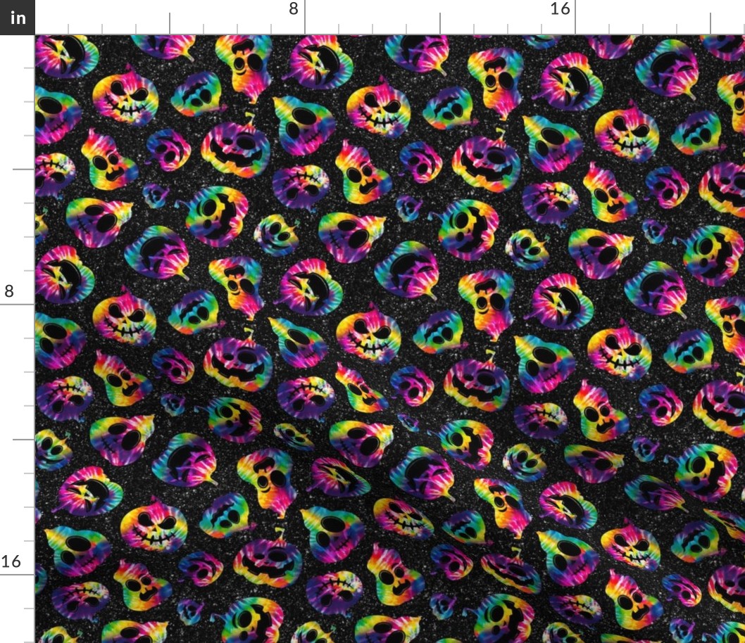 Medium Scale Rainbow Tie Dye Jackolantern Halloween Pumpkins on Galactic Black