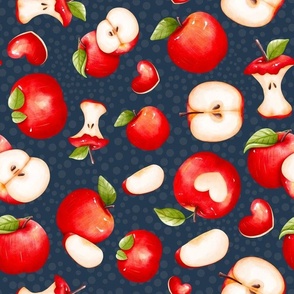 Large Scale Red Apples Slices Cores on Navy