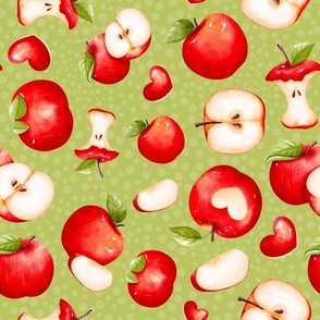 Large Scale Red Apples Slices Cores on Green