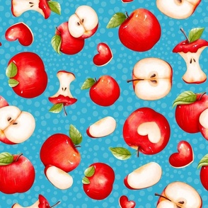 Large Scale Red Apples Slices Cores on Blue