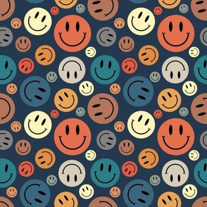 Large Scale Retro Smile Faces Smiles on Navy