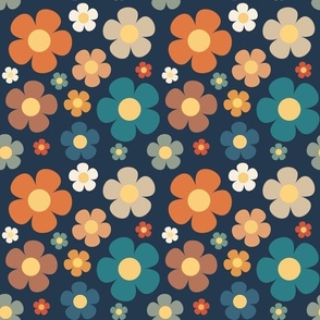 Large Scale Retro Daisy Flowers Daisies on Navy