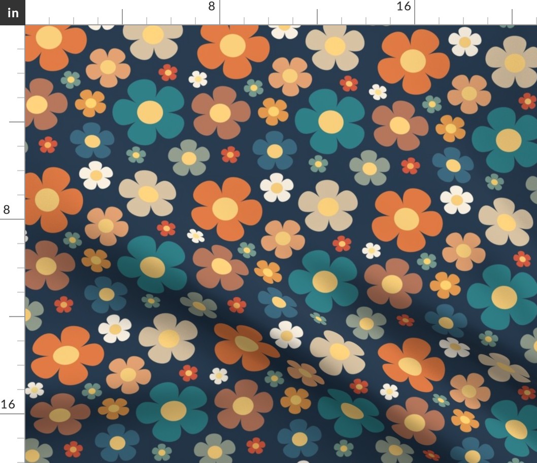 Large Scale Retro Daisy Flowers Daisies on Navy