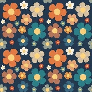 Medium Scale Retro Daisy Flowers Daisies on Navy