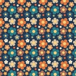 Small Scale Retro Daisy Flowers Daisies on Navy