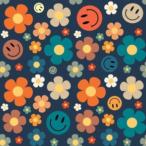 Large Scale Retro Smiles and Daisies Smile Faces and Daisy Flowers on Navy