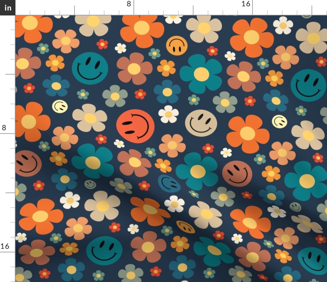 Large Scale Retro Smiles and Daisies Smile Faces and Daisy Flowers on Navy