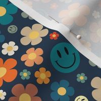 Medium Scale Retro Smiles and Daisies Smile Faces and Daisy Flowers on Navy